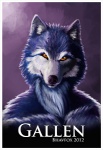 2012 anthro bhavfox black_nose blue_body blue_fur border bust_portrait canid canine canis character_name front_view fur grey_border looking_at_viewer male mammal name_badge nude orange_eyes portrait purple_background simple_background solo white_body white_fur wolf