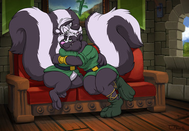 3_toes anthro anthro_on_anthro belt big_tail biped black_body black_ears black_fur black_hair black_nose bottomless bottomless_anthro bottomless_male brick_wall closed_smile clothed clothed_anthro clothed_male clothing cloud countershade_face countershade_fur countershade_torso countershading day detailed_background duo facial_markings feet fingers floor fluffy fluffy_tail footwear fur furniture green_clothing green_eyes green_footwear green_shirt green_topwear green_tunic hair head_markings hug inside intraspecies looking_at_another male male/male male_anthro markings mouth_closed multicolored_body multicolored_fur multicolored_hair narrowed_eyes on_sofa painting pink_nose plant rolled_up_sleeves shirt sitting sitting_on_sofa skunk_tail sky smile sofa striped_body striped_face striped_fur striped_markings striped_tail stripes tail tail_markings toes toony topwear tree tunic two_tone_body two_tone_fur two_tone_hair two_tone_tail wall_(structure) whisker_spots white_body white_countershading white_fur white_hair white_inner_ear white_stripes window wood wood_floor teaselbone looney_tunes warner_brothers mustal pepe_le_pew mammal mephitid skunk striped_skunk 2020 digital_media_(artwork) signature