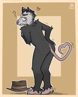 ambiguous_gender anthro biped black_body black_butt black_fur blush brown_clothing brown_hat brown_headwear butt clothing facial_piercing fur green_eyes hat headgear headwear heart_symbol heart_tail looking_at_viewer looking_back looking_back_at_viewer nose_piercing nose_ring nude piercing plantigrade question_mark rear_view ring_piercing shadow simple_background solo standing tail tan_background teeth kickingkeldeo kev_(kebkeb) american_opossum mammal marsupial 2025 dated digital_drawing_(artwork) digital_media_(artwork) film_grain full-length_portrait hi_res portrait signature male_(lore)