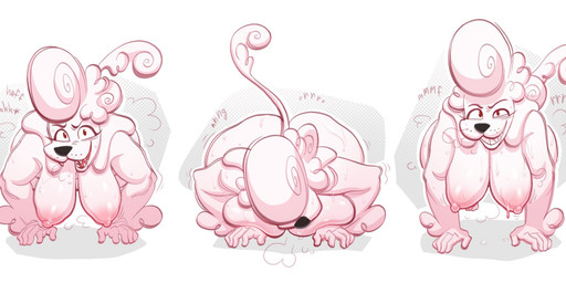 anthro areola big_breasts bodily_fluids breast_squish breasts breath exercise female hanging_breasts looking_at_viewer nipples nude push-up solo squish sweat text kaboozey pooh_(kaboozey) canid canine canis domestic_dog mammal poodle 2026 hi_res