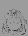 anthro asian_clothing belly bodily_fluids clothing east_asian_clothing fundoshi genital_fluids japanese_clothing male mature_male navel nipples open_mouth overweight overweight_male precum precum_through_clothing scar solo tattoo tongue tongue_out underwear wet wet_clothing coyotebbbusted lifewonders tokyo_afterschool_summoners gyobu_(tas) canid canine mammal raccoon_dog tanuki