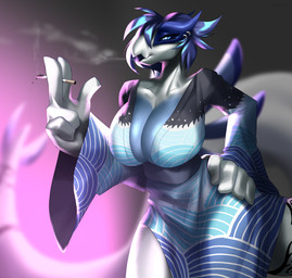 anthro anthrofied asian_clothing big_breasts big_hands blue_eyes breasts cigarette clothed clothing east_asian_clothing female fully_clothed japanese_clothing kimono looking_at_viewer piercing pokemorph smoke smoking solo tail tattoo ilot nintendo pokemon fan_character scylia generation_2_pokemon legendary_pokemon lugia pokemon_(species) 2019 hi_res