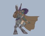 3_fingers 4_toes arm_tuft armor assault_rifle backpack bandage beak cape carbine claws clothing digitigrade fangs feather_hair feathered_crest feathers feet female finger_claws fingers flat_chested grey_body grey_skin gun hand_wraps head_crest leg_wrap looking_away looking_back pseudo_hair purple_body purple_eyes purple_feathers ranged_weapon rifle simple_background solo standing teeth toe_claws toes tuft weapon wraps alorix halo_(series) microsoft xbox_game_studios alien avian kig-yar scalie t'vaoan 2022 absurd_res colored hi_res