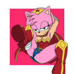 anthro bedroom_eyes boots bottomwear bracelet breasts camel_toe clothing cosplay crown eyelashes female footwear gloves green_eyes handwear headgear jewelry medium_breasts narrowed_eyes seductive shirt shoes skirt smile solo spread_legs spreading tiara topwear underwear artlumiim sega sonic_the_hedgehog_(series) amy_rose wonder_woman eulipotyphlan hedgehog mammal hi_res