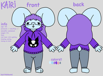 anthro big_ears blue_body blue_fur bottomwear buckteeth clothing derp_eyes eyewear facial_scar female fur glasses grey_bottomwear grey_clothing grey_pants hair hoodie lgbt_pride long_hair pants pride_colors purple_clothing purple_hair purple_hoodie purple_topwear scar slightly_chubby solo spade_tail tail teeth topwear transgender_pride_colors whiskers kairitehbunni onegai_my_melody sanrio kairi_(kairitehbunni) kuromi demon lagomorph leporid mammal rabbit hi_res model_sheet trans_(lore) trans_woman_(lore)
