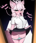 anthro antlers blue_eyes bottomwear breasts clothed clothing clothing_lift collared_shirt doorway dress_shirt female fluffy fluffy_tail freckled_face freckles front_view fur genitals hair horn innie_pussy panties panties_down partially_clothed pink_body pink_fur pussy seductive shirt skirt skirt_lift smile solo standing_in_doorway tail topwear underwear underwear_down white_hair artmarshmallow marshmallow_fluff_(character) canid canine deer hybrid mammal absurd_res hi_res