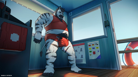 anthro beard belly black_body black_fur black_hair black_penis body_hair bulge chest_hair clothed clothing detailed_background facial_hair fur genitals hair lifeguard male male_anthro musclegut muscular muscular_anthro muscular_male overweight overweight_anthro overweight_male partially_clothed partially_clothed_anthro partially_clothed_male penis solo standing striped_body striped_fur stripes wardrobe_malfunction white_body white_fur sinibun_95 gray_(averagezebraboy) equid equine mammal zebra 2022 hi_res