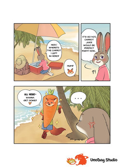 anthro black_ears black_nose brown_ears carrot carrot_costume clothed clothing costume countershading cross-popping_vein dialogue dipstick_ears duo ear_markings eyelashes female female_anthro food food_costume fur green_eyes grey_body grey_ears grey_fur male male_anthro multicolored_body multicolored_ears multicolored_fur orange_body orange_ears orange_fur pink_inner_ear pink_nose plant pupils purple_eyes tan_body tan_countershading tan_fur tan_inner_ear text two_tone_ears vegetable white_body white_countershading white_fur unoday_studio disney zootopia judy_hopps nick_wilde canid canine european_rabbit fox lagomorph leporid mammal oryctolagus rabbit red_fox true_fox comic english_text