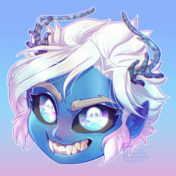 antler_markings antlers black_antlers black_sclera blue_background blue_body blue_eyes blue_markings blue_skin eyebrows eyelashes female gradient_background grey_eyebrows gums hair horn humanoid_pointy_ears light looking_at_viewer markings multicolored_eyes outline pink_gums pointy_ears pupils queen royalty sharp_teeth short_hair simple_background skull_pupils smile smiling_at_viewer solo teeth text white_hair white_outline white_pupils gaelfox instagram patreon twitter gael_(gaelfox) demon demon_humanoid horned_humanoid humanoid 1:1 2021 artist_name colored digital_drawing_(artwork) digital_media_(artwork) english_description headshot_portrait hi_res lighting portrait shaded