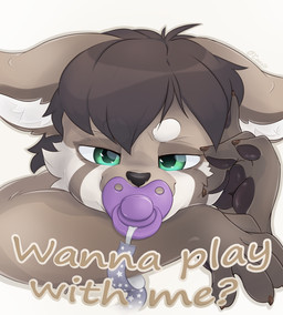 abdl ageplay anthro brown_body brown_hair claws fur green_eyes grin hair infantilism looking_at_viewer male markings object_in_mouth pacifier pacifier_clip pacifier_in_mouth pawpads paws pink_pacifier roleplay simple_background smile smirk solo stripes text young o'coon ollie_coon canid canine mammal raccoon_dog tanuki absurd_res hi_res portrait