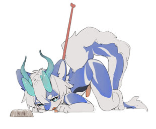 after_orgasm anthro arm_markings ass_up blue_body blue_eyes blue_horn bodily_fluids bowl circle_eyebrows container countershading cum cum_drip cum_in_bowl cum_in_container cum_on_ground dripping eyebrows fur genital_fluids genitals gradient_horn hair horn leashed_male looking_aside_at_viewer male markings multi_horn narrowed_eyebrows nude open_mouth penis simple_background solo tapering_penis text white_background white_body white_countershading white_hair white_markings young young_anthro young_male cfsy10 furred_kobold furred_scalie kobold scalie hi_res japanese_text