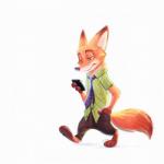 anthro barefoot biped blue_eyes bottomwear clothed clothing electronics feet fluffy fluffy_tail fur male necktie orange_body orange_fur pants pawpads paws phone shirt simple_background solo tail topwear white_background piti_yindee disney zootopia nick_wilde canid canine fox mammal red_fox true_fox 1:1 digital_media_(artwork)