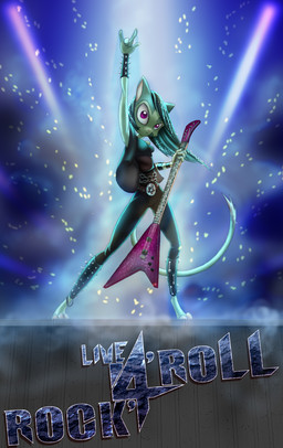 anklet anthro breasts clothed clothing concert electric_guitar female fur glowing glowing_hair green_body green_fur green_hair guitar hair jewelry musical_instrument plucked_string_instrument purple_eyes solo string_instrument text david_lillie dreamkeepers lilith_calah domestic_cat felid feline felis mammal english_text hi_res