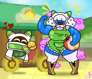 after_transformation apple blue_body blush blush_stickers boots clothing cloud coin covered_eyes duo eyes_closed farm_hand female flexing food footwear fruit gem_apple gold_(metal) gold_coin hair happy heart_symbol holding_object hood legwear long_hair male open_mouth overalls plant shirt shoes socks thigh_highs thigh_socks topwear undershirt white_hair chaos-force kirby_(series) nintendo magolor meta_knight hi_res signature