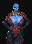 big_breasts blue_body bodysuit breasts bulging_breasts cleavage clothed clothing female hand_on_hip huge_breasts lips looking_at_viewer not_furry skinsuit solo thick_lips thick_thighs tight_clothing wide_hips boobsgames bioware electronic_arts mass_effect samara alien alien_humanoid asari humanoid hi_res