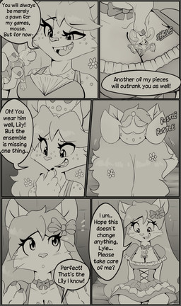 accessory anthro big_breasts blush blush_lines bodily_fluids bow_ribbon bow_tie breast_tuft breasts buckteeth cat_tail claws clothing crown dialogue dominant dominant_female dress eyelashes female finger_claws flower flower_in_hair freckled_face freckled_shoulders freckles group hair hair_accessory headgear jewelry long_eyelashes long_hair looking_down maid_uniform male male/female mouse_tail necklace pawpads paws plant saliva servant servants sharp_teeth small_breasts smile teasing teeth text trio tuft uniform wet wet_clothing muhny lily_(muhny) lyle_(muhny) princess_nino_(muhny) domestic_cat felid feline felis mammal mouse murid murine rodent comic english_text hi_res