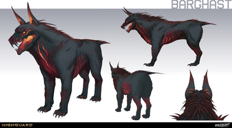 4_toes ambiguous_feral ambiguous_gender black_body black_claws black_fur black_tail black_teeth brown_inner_ear_fluff chest_scar claws company_name feet feral fur fur_markings gradient_background gums inner_ear_fluff leg_markings light long_fangs markings mask multicolored_body multicolored_fur multicolored_tongue no_pupils nude nude_ambiguous open_mouth orange_inner_ear orange_scar orange_tongue paws quadruped red_gums red_markings red_tail scar sharp_teeth simple_background solo standing tail teeth text toe_claws toes tongue tuft turnaround two_tone_tail yellow_eyes nicholas_patrick_kelana highguard_(game) barghast_(highguard) canid canid_demon demon mammal 2026 absurd_res colored concept_art digital_drawing_(artwork) digital_media_(artwork) english_description english_text hi_res lighting official_art shaded url