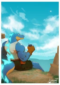 anthro beverage biped blue_body blue_eyes blue_scales border bottomwear cliff clothed clothed_anthro clothed_male clothing cloud day grass holding_beverage holding_object humanoid_hands long_tail male muscular muscular_anthro muscular_arms muscular_male outside plant rear_view rock scales shirt shorts sitting sky solo spiked_tail spikes spikes_(anatomy) tail tank_top text three-quarter_view topwear white_border yellow_body yellow_scales yellow_sclera naughtyxerigart alligator alligatorid crocodilian reptile scalie 2025 absurd_res artist_name colored hi_res shaded