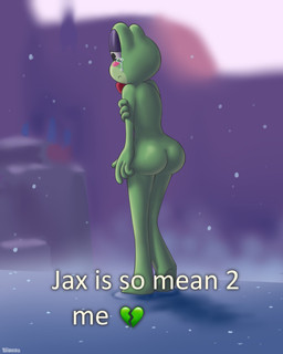 4_fingers anthro bodily_fluids bow_tie butt feet female fingers glistening glistening_butt green_body nude solo tears elcajarito everyone_is_so_mean_to_me glitch_productions the_amazing_digital_circus ribbit_(tadc) amphibian frog 2026 4:5 hi_res meme