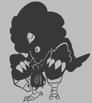anthro avian_feet balls big_penis black_body black_feathers black_fur claws crouching eyeball feathers feet flaccid fur genitals hands_on_knees hands_on_legs male monotone_body penis pubes small_head solo sparkles talons toes vein poundfulpanda asian_mythology east_asian_mythology japanese_mythology mythology komokuu avian bird corvid corvus_(genus) crow humanoid oscine passerine yokai hi_res monochrome
