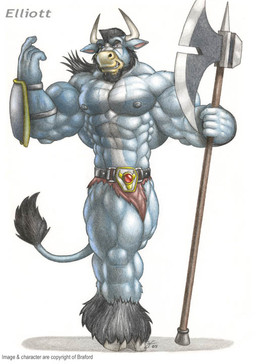2_horns abs ankle_tuft anthro armor axe barazoku battle_axe beard belt biceps big_muscles biped black_body black_fur black_hair blue_body blue_eyes blue_fur bottomwear bracers breechcloth brown_bottomwear brown_clothing brown_loincloth clothed clothing facial_hair fantasy_weapon fauxhawk forearm_muscles fur gem gold_(metal) greataxe hair holding_axe holding_melee_weapon holding_object holding_polearm holding_weapon hooves horn huge_muscles leg_tuft loincloth long_hair male melee_weapon multicolored_body multicolored_fur muscular muscular_anthro muscular_male nipples obliques pecs polearm quads ruby_(gem) serratus shield solo standing tail tail_tuft teeth topless triceps tuft two_tone_body two_tone_fur vein weapon white_body white_fur white_hair braford european_mythology greek_mythology mythology elliott_(braford) bovid bovine mammal minotaur 2005 dated signature traditional_media_(artwork)