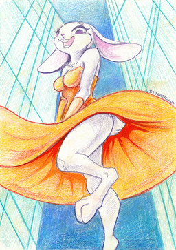 anthro biped clothing digitigrade dress eyebrows eyelashes female female_anthro long_dress low-angle_view marilyn_monroe_pose pose solo underskirt upward_angle worm's-eye_view yellow_clothing yellow_dress stirren disney zootopia judy_hopps european_rabbit lagomorph leporid mammal oryctolagus rabbit absurd_res hi_res huge_filesize pinup traditional_media_(artwork)