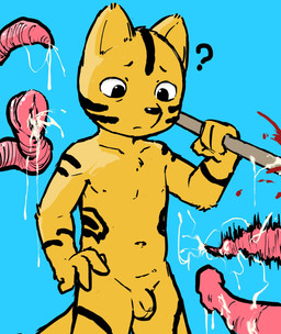 4_fingers anthro balls battle blood blue_background bodily_fluids confusion fingers flaccid fur genitals male melee_weapon navel penis polearm simple_background small_penis solo spear tentacle_cum tentacles tentacles_everywhere weapon yellow_body yellow_fur young young_anthro nekotanyanneko domestic_cat felid feline felis mammal 2021 hi_res