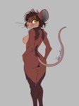 anthro big_ears breasts brown_body brown_fur buckteeth butt camel_toe female fluffy fur looking_at_viewer nipples raised_tail side_boob simple_background smile solo standing tail teeth whiskers yellow_eyes deerwalker stacy_(deerwalker) mammal mouse murid murine rodent flat_colors hi_res