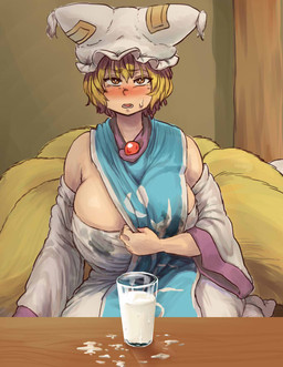 big_breasts blonde_hair blush bodily_fluids breasts clothed clothing container cup dress female furniture hair hat headgear headwear holding_breast huge_breasts inside kneeling lactating lactating_through_clothing milk multi_tail open_mouth puddle side_boob solo speech_bubble stain sweat table tail wet wet_clothing yellow_eyes chanta touhou ran_yakumo animal_humanoid canid canid_humanoid canine canine_humanoid fox_humanoid humanoid mammal mammal_humanoid 2015