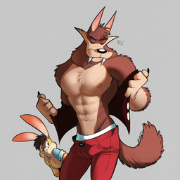 abs anthro bodily_fluids bottomwear brown_body brown_fur brown_hair buckteeth chest_tuft claws clothing duo eyes_closed fangs fur grey_background hair looking_at_another male muscular muscular_male navel nipples pants pecs pointy_ears predator/prey red_nose sagging_pants shirt simple_background size_difference smile standing sweat sweatdrop tan_body tan_fur teeth topwear tuft underwear undressing vest piti_yindee billy_buns hank_howell_(piti_yindee) canid canine canis lagomorph leporid mammal rabbit wolf 2025 signature