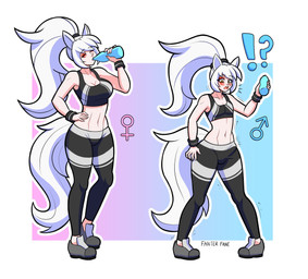 before_and_after blush bottle bra breast_reduction breasts clothing container drinking female female_symbol femboy footwear ftm_transformation gender_symbol gender_transformation genital_growth growth hair holding_bottle holding_container holding_object interrobang looking_down male male_symbol navel open_mouth penis_growth ponytail shoes simple_background solo sports_bra surprised symbol transformation underwear white_hair fanterfane animal_humanoid humanoid 2021 digital_media_(artwork) hi_res
