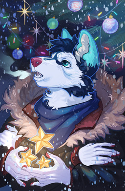anthro christmas_tree holidays male plant snow solo star tree ryan1111_(artist) christmas canid canine canis domestic_dog husky mammal nordic_sled_dog spitz absurd_res hi_res