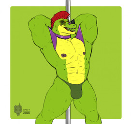 abs anthro areola barazoku biceps border bulge choker clothed clothing eyewear glasses green_background green_body green_nose green_skin hair jewelry looking_at_viewer male manly mohawk mostly_nude multicolored_body multicolored_skin muscular muscular_anthro muscular_male navel necklace nipples non-mammal_nipples open_mouth pecs pole presenting presenting_bulge raised_arm red_eyes red_hair sharp_teeth short_hair simple_background smile solo standing star star_glasses stripper stripper_pole teeth thick_thighs triceps underwear white_border yellow_body yellow_skin lazzyd0g five_nights_at_freddy's five_nights_at_freddy's:_security_breach scottgames steel_wool_studios montgomery_gator alligator alligatorid crocodilian reptile scalie 2021 green_theme hi_res