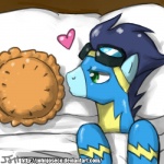 1:1 2011 bed blue_hair bodysuit clothing dessert equid equine eyewear feral food friendship_is_magic furniture goggles green_eyes hair hasbro heart_symbol horse john_joseco lying male mammal my_little_pony on_back pastry pie pillow pony skinsuit soarin_(mlp) solo tight_clothing wonderbolts_(mlp)