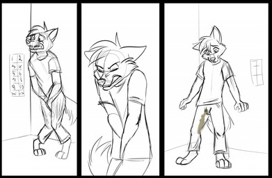anthro bodily_fluids clothed clothing desperation elevator full_bladder genital_fluids hair holding_crotch knock-kneed male omorashi peeing potty_dance solo urine wet wet_clothing wetting dishka canid canine mammal sketch unfinished