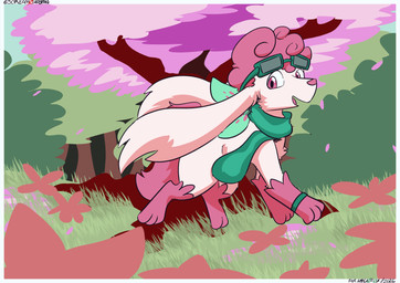 cherry_tree eyewear female flower flying fruit_tree fur goggles hair pink_eyes pink_hair plant scarf solo tree white_body white_fur screamoshaymin nintendo pokemon generation_4_pokemon legendary_pokemon pokemon_(species) shaymin hi_res