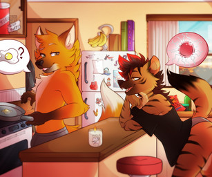anthro appliance banana biped black_clothing black_nose black_shirt black_topwear boxers_(clothing) boxers_only bulge butter clothed clothing cookware dairy_products detailed_background duo egg_(food) female food fridge fridge_magnet fried_egg fruit frying_pan fur grey_clothing grey_panties grey_underwear inside kitchen kitchen_appliance kitchen_counter kitchen_utensils male markings orange_body orange_fur oven ovum panties pantsless plant shirt snout speech_bubble sperm_cell striped_body striped_fur striped_markings stripes tail tools topless topwear underwear underwear_only window spider_bones resa_blakely uilleam canid canine fox hyena mammal striped_hyena 2025 6:5 digital_media_(artwork) shaded