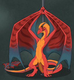 anus blue_eyes claws countershading dancing featureless_chest female female_feral feral front_view genitals hair horn looking_at_viewer membrane_(anatomy) non-mammal_vulva pole pole_dancing presenting presenting_anus presenting_vulva raised_wings red_body simple_background smile solo spread_legs spread_wings spreading stripes stripper_pole tail thick_tail vulva wings flamespitter european_mythology mythology eztli_(user_55) dragon mythological_creature mythological_scalie scalie western_dragon wyvern hi_res