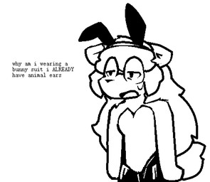 anthro bodily_fluids bunny_costume clothing costume exhausted eyewear fake_ears fake_rabbit_ears female glasses hair long_hair no_shading simple_background solo sweat sweatdrop text catjamn karina_(catjamn) canid canine mammal aliasing black_and_white digital_media_(artwork) english_text monochrome