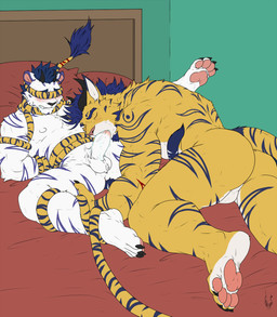 anthro beard bed blue_body blue_fur blush bodily_fluids butt claws duo facial_hair fellatio fur furniture genital_fluids genitals hands_on_legs hands_on_thighs horn inside long_tail male male/male oral pawpads paws penile penis pillow saliva sex size_difference stripes sucking tail white_body white_fur yellow_body yellow_fur hunterramirez hunter_ramirez toboe_(toboe2) chimera demon felid hybrid mammal pantherine tiger hi_res