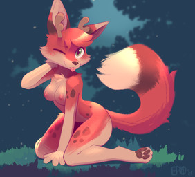 4_fingers 4_toes anthro antlers areola biped breasts countershade_fur countershade_torso countershading feet female fingers front_view fur green_eyes hair horn kneeling looking_at_viewer nipples nude nude_anthro nude_female one_eye_closed pawpads paws red_body red_fur red_hair red_tail smile solo tail toes tongue tongue_out b-epon canid canine fox mammal 2025 digital_drawing_(artwork) digital_media_(artwork) hi_res