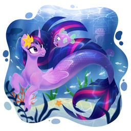 accessory alternate_species bubble duo eye_contact female fin flower flower_in_hair green_eyes hair hair_accessory long_hair looking_at_another male open_mouth open_smile plant purple_eyes smile split_form underwater water bluefeathercat friendship_is_magic hasbro my_little_pony spike_(mlp) twilight_sparkle_(mlp) aquatic fish merfolk 1:1 2023 hi_res signature