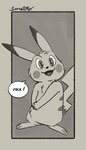 anthro big_cheeks big_ears big_eyes big_head big_tail black_tipped_ears fur fur_markings long_ears long_tail looking_at_viewer markings open_mouth open_smile pokemon_speak short_legs small_body smile solo speech_bubble tail text softailfox nintendo pokemon generation_1_pokemon pikachu pokemon_(species) black_and_white comic monochrome sketch unfinished