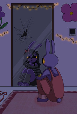 anthro black_hair female female/female fur hair long_hair mirror purple_body purple_fur solo miu glitch_productions the_amazing_digital_circus gooseworx's_post-transition_jax_design jax_(tadc) lagomorph leporid mammal rabbit hi_res