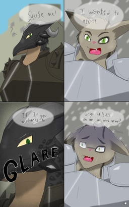 anthro armor black_body black_scales bodily_fluids brown_body brown_fur duo fur glare green_eyes horn intimidation male multicolored_body multicolored_fur onomatopoeia open_mouth pink_nose scales scared scary shaking simple_background sound_effects spikes sweat tan_body text tremble_lines trembling two_tone_body two_tone_fur assassinfenrir dungeons_and_dragons hasbro mythology wizards_of_the_coast domestic_cat dragon dragonborn_(dnd) felid feline felis mammal mythological_creature mythological_scalie scalie tabaxi 5:8 colored comic english_text hi_res shaded
