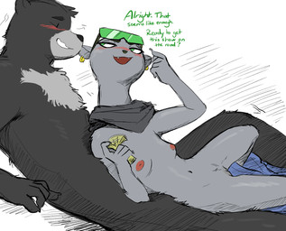 anthro black_body black_fur blush bottomwear bottomwear_down breasts clothed clothing countershading dialogue duo ear_piercing ear_ring eyes_closed eyewear fangs female fur genitals glasses green_eyes grey_body grey_fur looking_at_another male male/female money navel nipples nude open_mouth pants pants_down partially_clothed piercing prostitution ring_piercing seductive simple_background sunglasses teeth text vulva the-minuscule-task brand_new_animal studio_trigger marie_itami bear mammal mink mustelid musteline true_musteline 2020 digital_media_(artwork) english_text hi_res
