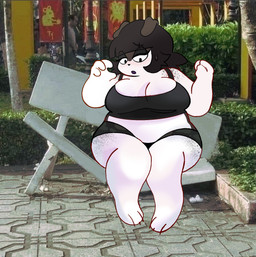 anthro bedroom_eyes belly bench big_belly big_breasts blush breasts butt fat_arms female freckled_butt freckled_legs freckled_shoulders freckled_thighs freckles looking_down narrowed_eyes obese obese_female overweight overweight_female seductive solo surprised thick_thighs spellcasterrr angela_(spellcasterrr) border_collie canid canine canis collie domestic_dog herding_dog mammal pastoral_dog sheepdog hi_res