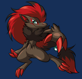 ambiguous_gender anthro arm_tuft black_body black_fur cheek_tuft chibi claws facial_tuft fur grey_body grey_fur hair head_markings highlights_(coloring) inner_ear_fluff markings ponytail red_claws red_hair red_inner_ear shoulder_tuft simple_background smile solo toe_claws transparent_background tuft fizzy-dog nintendo pokemon canid canine generation_5_pokemon mammal pokemon_(species) zoroark 2014 alpha_channel digital_media_(artwork) shaded