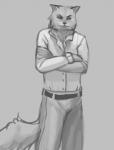 anthro belt crossed_arms male pose solo whiskers theowlette domestic_cat felid feline felis mammal 2014 greyscale monochrome sketch