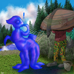 anal anal_penetration anthro boat bodily_fluids bottomwear bubble bucket camo camo_bottomwear camo_clothing camo_pants camo_print clothed clothing container detailed_background duo exclamation_point female humor imminent_anal looking_back nude pants pattern_bottomwear pattern_clothing pattern_pants penetration plant river tentacles text translucent translucent_body translucent_tentacles tree vehicle watercraft acacia_dune valerian_(movie) bubble_(valerian) alien canid canine canis glamopod goo_creature mammal wolf 1:1 english_text hi_res